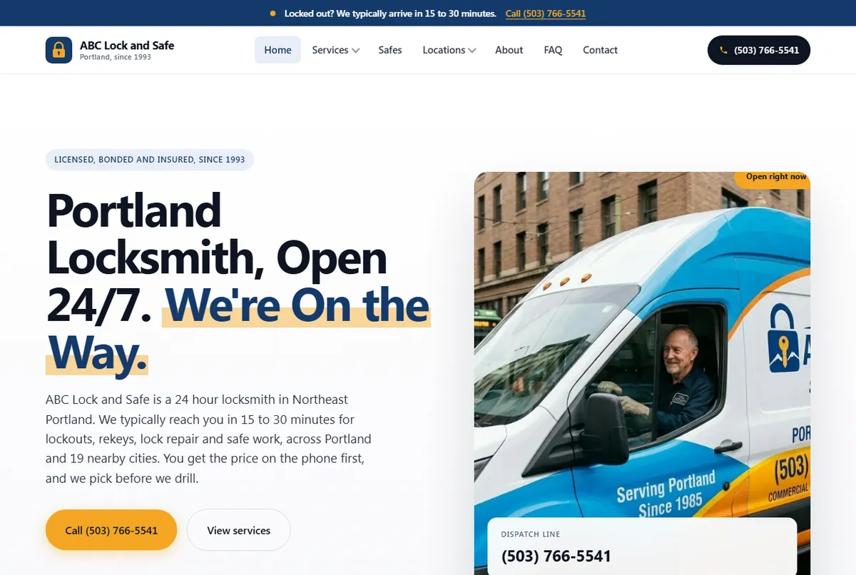 The ABC Lock and Safe homepage. Phone number in the header, hours in the headline.