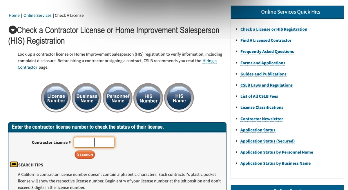 The California Contractors State License Board license check page with a search box for a contractor license number
