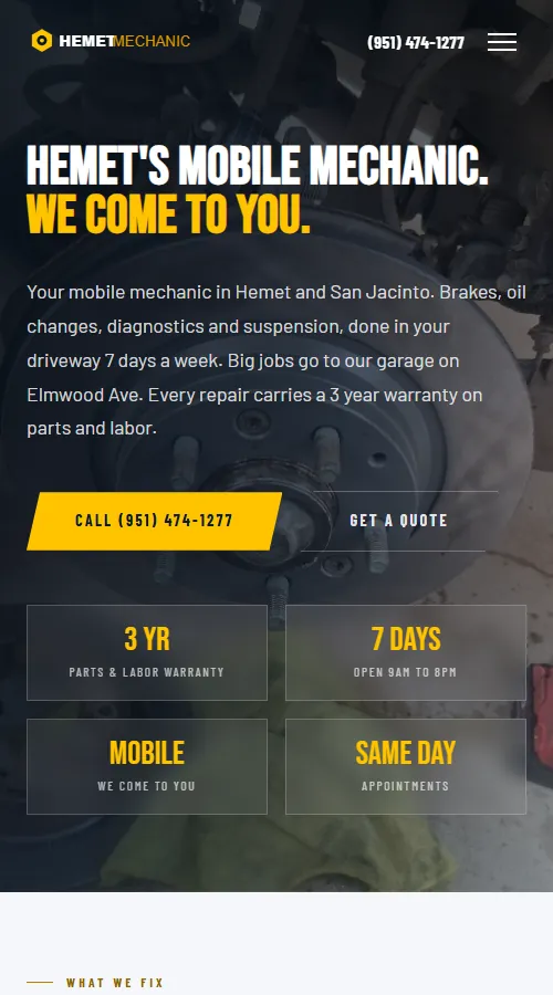 Hemet Mobile Mechanic website, Hemet and San Jacinto, CA