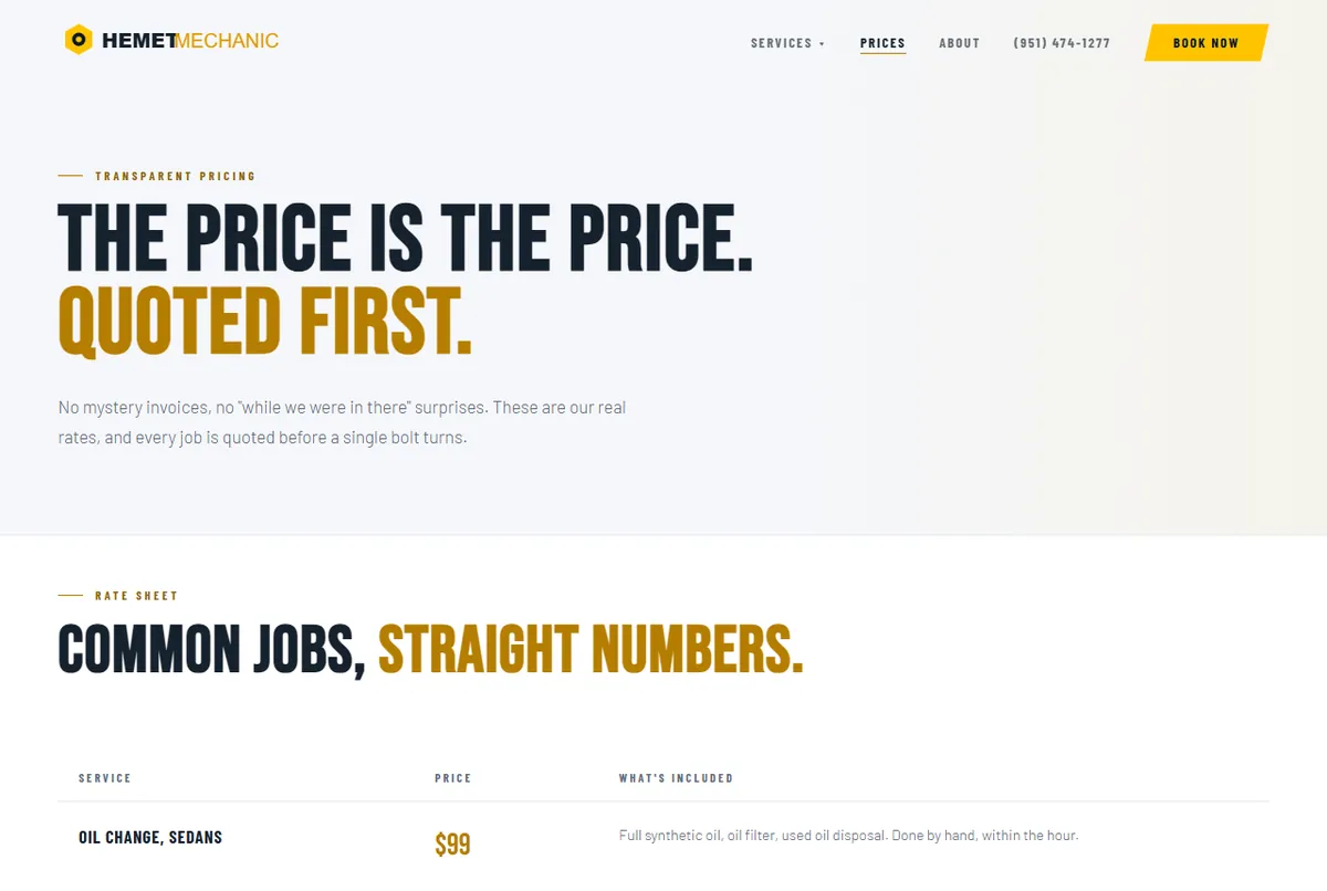 Hemet Mobile Mechanic's price page. A real price in the title earns the click.