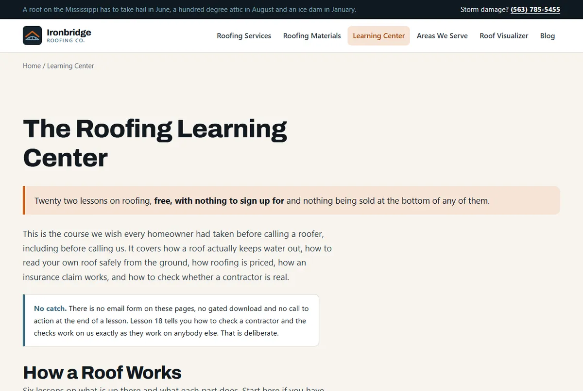 Ironbridge Roofing Co. website, Davenport, IA