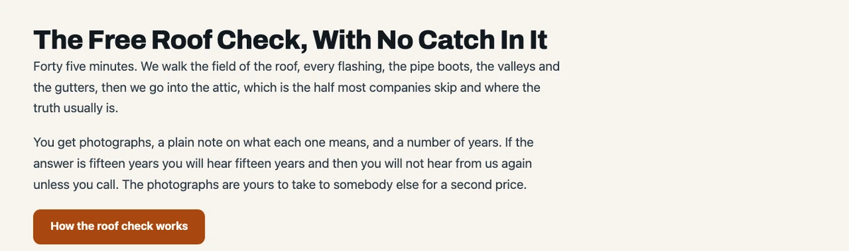A section of the Ironbridge Roofing home page titled The Free Roof Check, With No Catch In It, describing photos the homeowner keeps